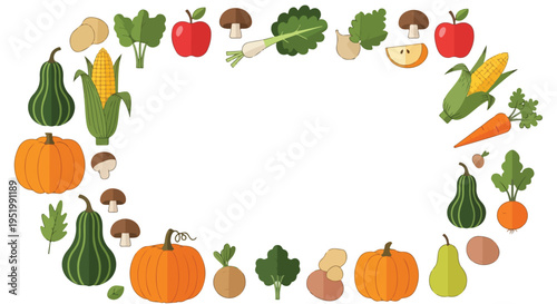 A vibrant, flat-design vector illustration showcases a bountiful autumn harvest of various fruits and vegetables arranged in an elegant oval frame.