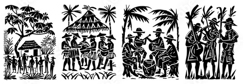 Tribal Island Life Folk Art Scenes, Tropical Village Musicians and Traditional Huts Woodcut Illustration