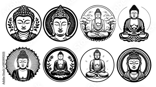 Buddha Meditation Icon Set, Zen Spiritual Portraits and Figures Collection for Peace and Mindfulness