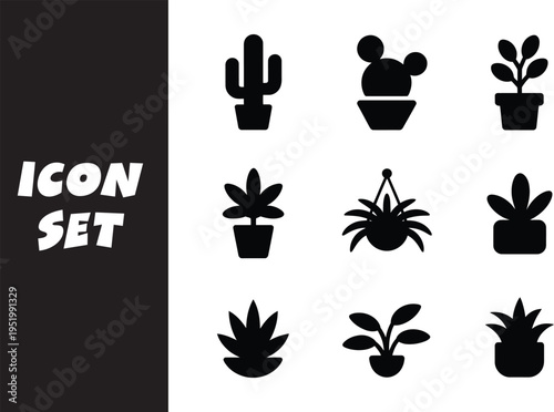 Black and white icon set featuring various stylized potted plants and cacti