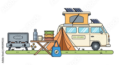 Eco friendly camping van with solar panels and outdoor gear