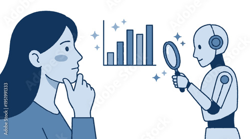 Woman thinking with robot analyzing data graph futuristic business concept illustration