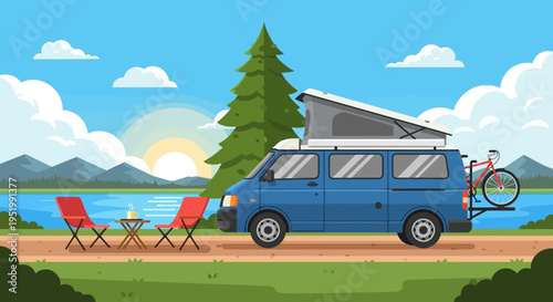 Camping van by serene lake with bike and outdoor furniture