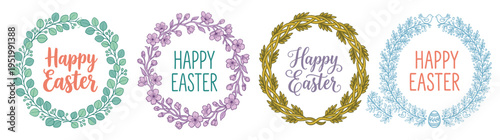 Set of four hand drawn floral wreaths with Happy Easter typography for religious holiday greetings and seasonal promotion horizontal banner isolated on white background for web header