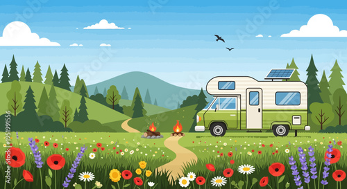 Camping in nature with caravan and campfire