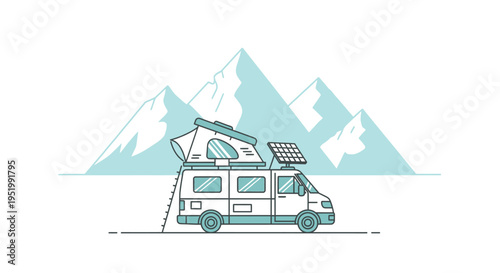 Camper van with solar panel on mountain background