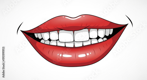 Illustration of a smiling mouth with red lips and white teeth.