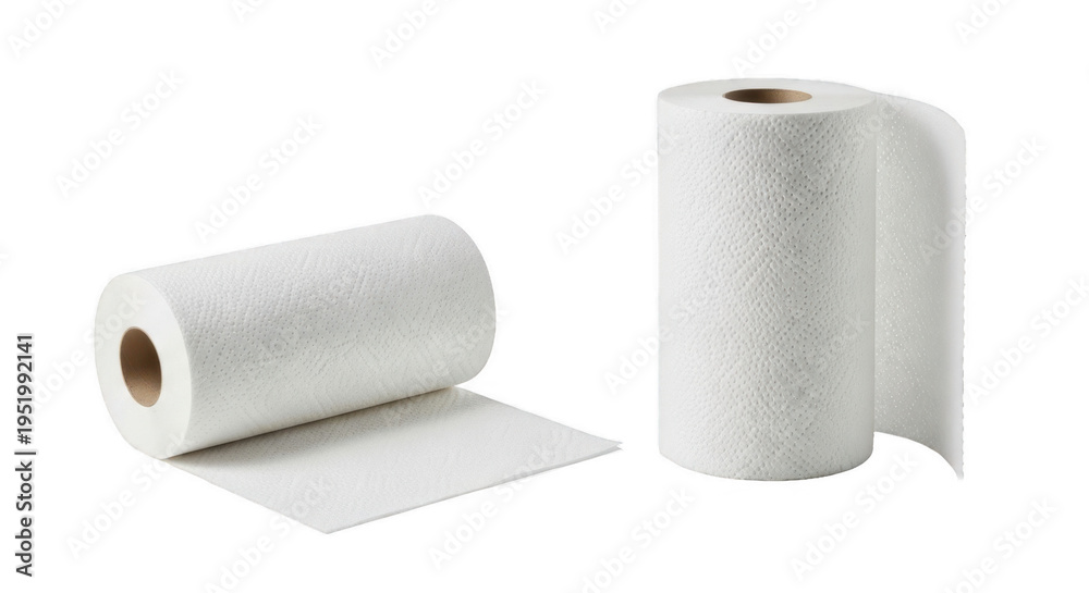 Fototapeta premium Two white kitchen paper towel rolls, one standing and one lying down, isolated on transparent background, PNG cutout clipart