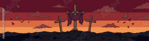 Horizontal religious banner illustration of three wooden crosses on a hill with purple cloth at sunset for Good Friday and Easter Sunday Christian church service website header backdrop art