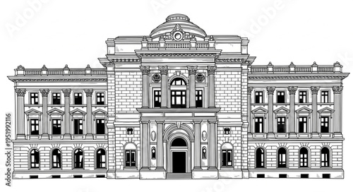Detailed architectural drawing of a grand classical building facade.