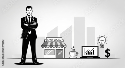 Confident Businessman with Startup Concept - Shop, Laptop, Idea, and Growth.