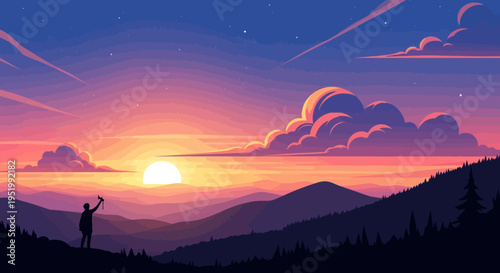 Sunset over mountains with silhouette of person