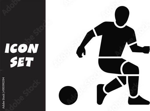 Black and white silhouette of a soccer player kicking a ball in an icon set design