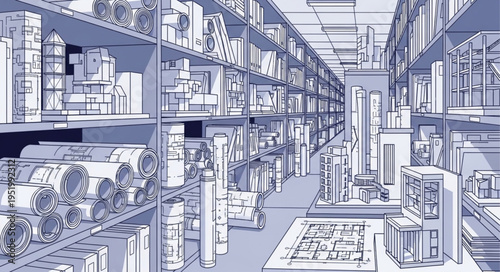 Detailed Blueprint Storage Room with Shelves and Architectural Drawings.