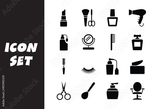 Black and white beauty and grooming icon set for design projects