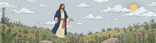 Jesus Christ walking through a peaceful green meadow with wildflowers under a cloudy sky in a beautiful horizontal illustration perfect for Christian religious banners and website headers