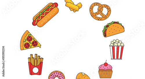 A vibrant vector illustration shows popular fast food and snack items such as hot dogs, pizza, and popcorn, arranged in a circle on a white background.