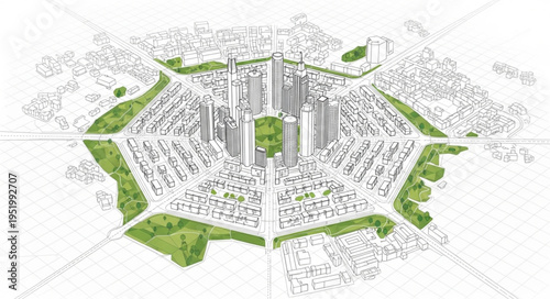 Conceptual City Plan with Green Spaces and Radial Design.
