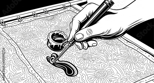 Hand drawing intricate patterns on fabric with a canting tool.