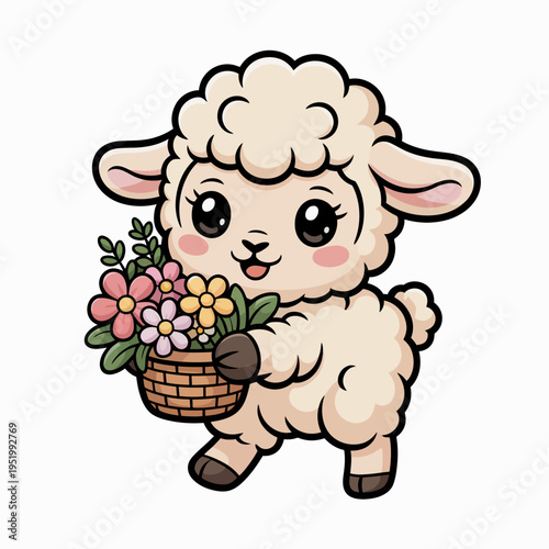 A charming cartoon lamb holds a basket of colorful flowers, . The lamb appears cheerful, with a fluffy coat and rosy cheeks.