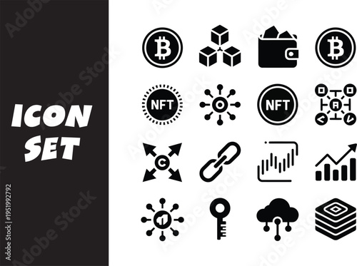 Cryptocurrency and blockchain icon set for digital applications