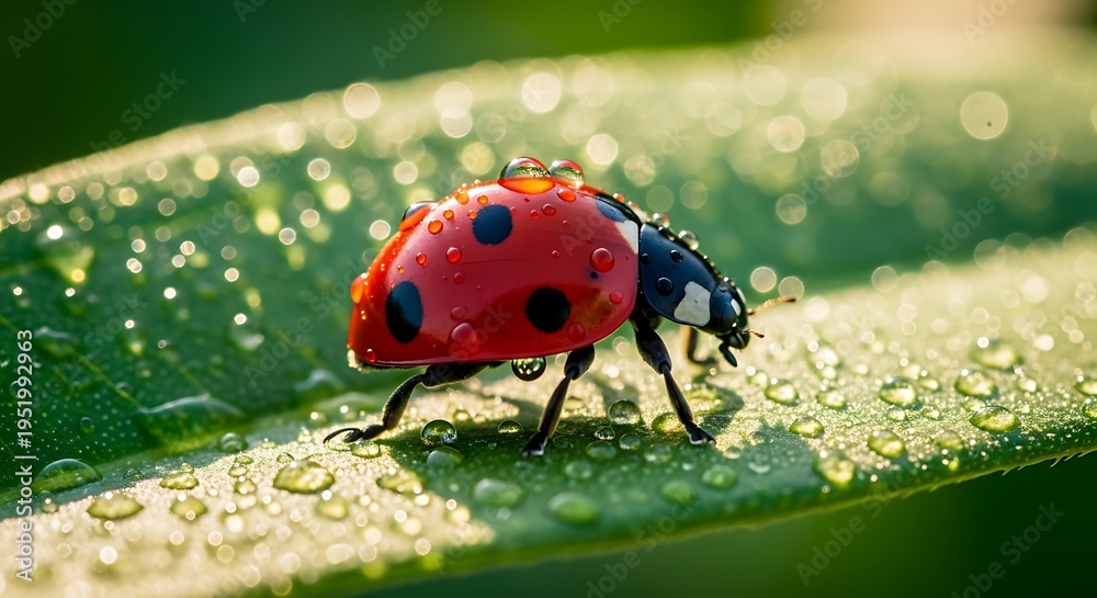Obraz premium Close-up macro shot of a ladybug covered in water droplets on a green leaf