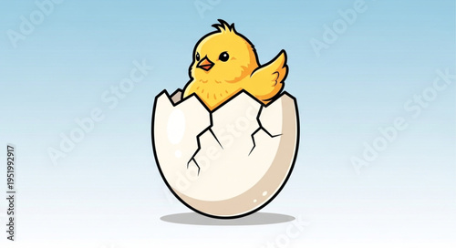 Adorable Yellow Chick Hatching from a Cracked Egg Illustration.