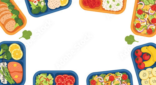 A vibrant vector illustration showcases various healthy, freshly prepared meals in bento-style containers, forming a decorative frame on a white background.