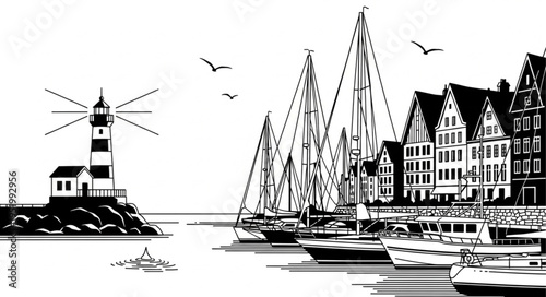 Coastal Scene with Lighthouse, Sailboats, and Quaint Buildings in Black and White.