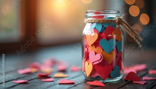 Glass jar brimful with folded paper hearts, scattered on wooden surface. Colorful tiny love notes inside vessel, tied with twine, warm bokeh lights.