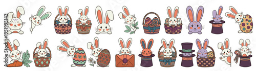 Cute Easter bunny character collection set with many rabbits in baskets decorated eggs and magic hats for spring holiday greeting cards and seasonal web banner isolated on white background