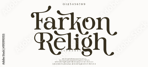 Farkon Religh Luxury wedding alphabet letters font with tails. Typography elegant classic serif fonts and number decorative vintage retro concept for logo branding. vector illustration