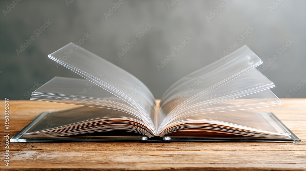 Obraz premium Blank clear acetate sheets in a transparent binder on wooden desk