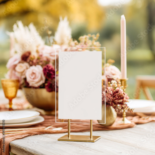 Elegant wedding table setting with a blank acrylic table sign