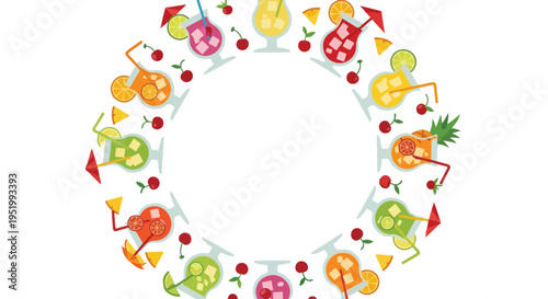 Colorful fruit cocktails, garnished with ice, citrus slices, cherries, and umbrellas, form a festive circular frame on a white background.