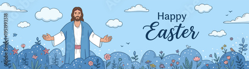 Happy Easter Christian religious banner illustration featuring Jesus Christ standing with open arms in a beautiful blue spring meadow field with flowers and clouds for seasonal web header