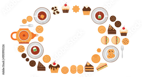 A vibrant collection of tea time treats and beverages, including teacups, a teapot, various cookies, cakes, and sandwiches, arranged in an inviting oval frame on a white background.