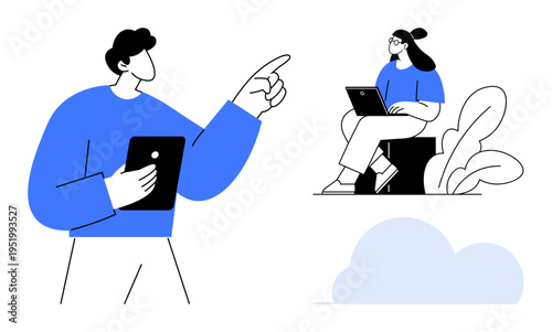 Teamwork concept. Teamwork with two individuals using devices, fostering communication and collaboration. Teamwork improves productivity and creative ideas. Ideal for business, education, remote