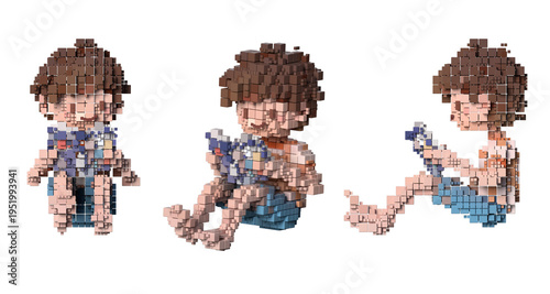 3D Voxel Boy Character Set, Sitting and Reading Poses Pixel Art Child Isolated on Transparent Background