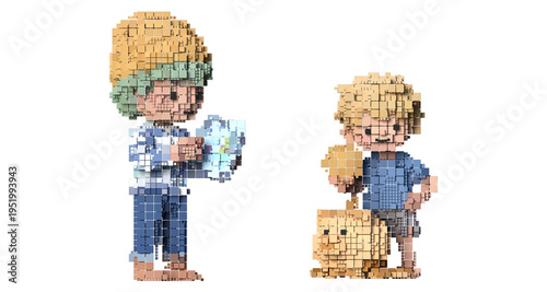 3D Voxel Child Character Set, Boy Playing on Phone and Child Saving Money in Piggy Bank, Pixel Art People Collection Isolated on Transparent Background