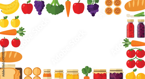 A colorful vector illustration showcasing a variety of fruits, vegetables, baked goods, and jams arranged as a frame around a white background.