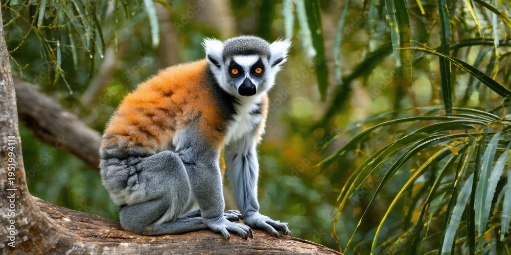 Fototapeta premium Lemur sits upon branch. Orange fur contrasts gray body, bright eyes focus forward. Lush greenery surrounds primate habitat.