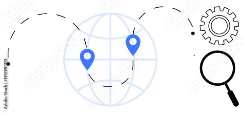 Navigation concept. Navigation visuals include a globe with location pins, magnifying glass, and gear icon. Navigation aiding global search, technology applications, logistics development. Perfect