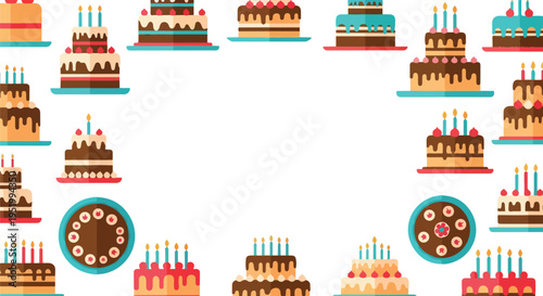 A colorful collection of flat design birthday cakes with candles creates a decorative border around a white central area.