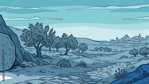 Panoramic religious Easter banner illustration featuring the empty tomb of Jesus with stone rolled away and olive trees along a path leading to Jerusalem city in blue monochrome landscape