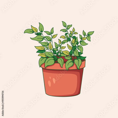 Charming hand-drawn vector illustration of a healthy potted houseplant with vibrant green leaves, bringing a fresh, natural, and botanical element to any design or decor project