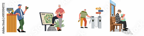 Vector illustration set of senior men visiting the zoo, purchasing tickets, checking the map, and entering through the turnstiles at the entrance.