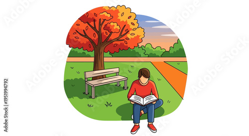 cartoon illustration of a person reading a book outdoors in autumn