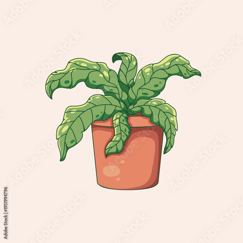 Charming hand-drawn illustration of a vibrant green houseplant in a terracotta pot, perfect for adding a touch of nature and fresh botanical decor to any creative project or design