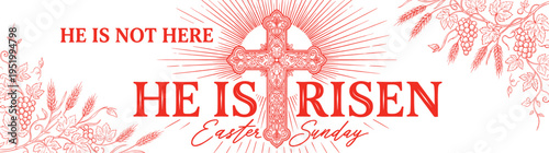 He is Risen Easter Sunday religious banner illustration with red ornate Christian cross sunbeams and botanical floral elements for celebration of Jesus Christ isolated on white background